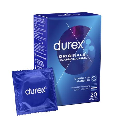 Durex Classic Natural condooms verpakking met 20 stuks op witte achtergrond