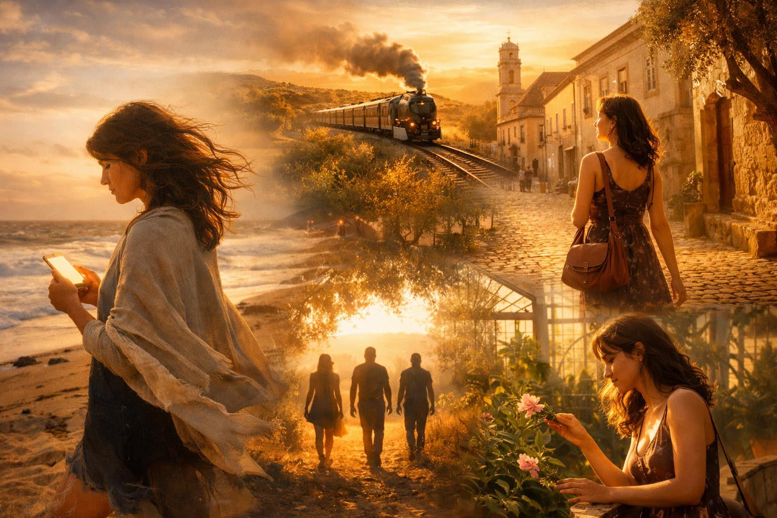 Dromerige collage van een sensuele vrouw op reis: wandelend door zonovergoten straatjes, wachtend bij een romantische trein, turend naar haar telefoon aan zee en genietend van intieme momenten in de natuur, vol verlangen, mysterie en erotische spanning.
