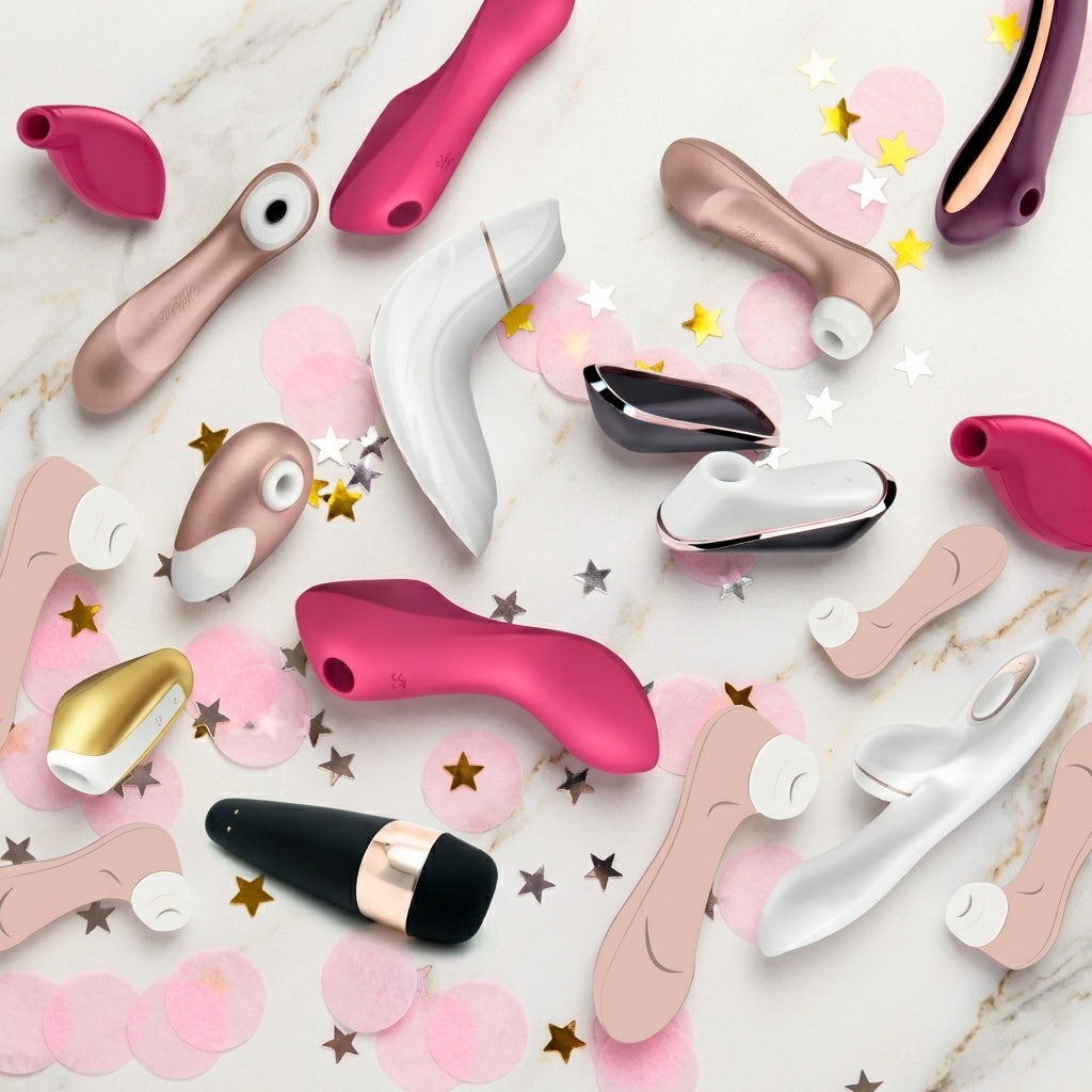 Satisfyer luchtdruk vibrator collectie gepresenteerd op een stijlvolle achtergrond met zachte pastelkleuren en modern design