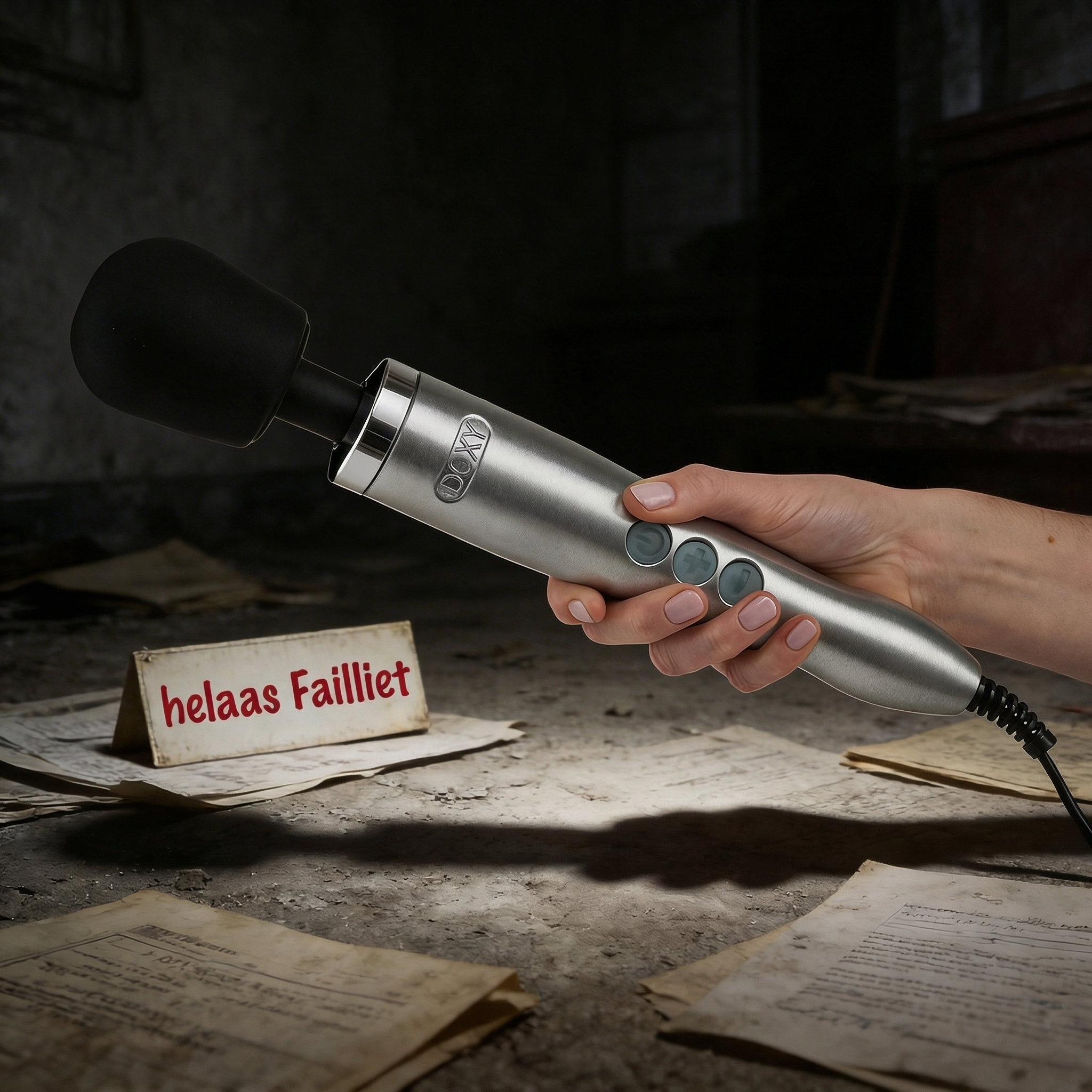 Hand houdt Doxy wand massager vast als alternatief na faillissement van het merk