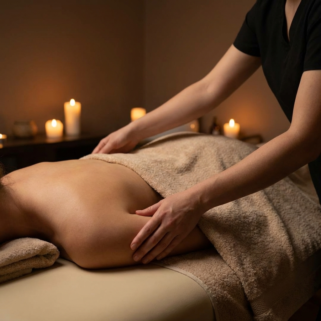 Zijaanzicht van massage instructieboek met duidelijk zichtbare rugkant en dikte