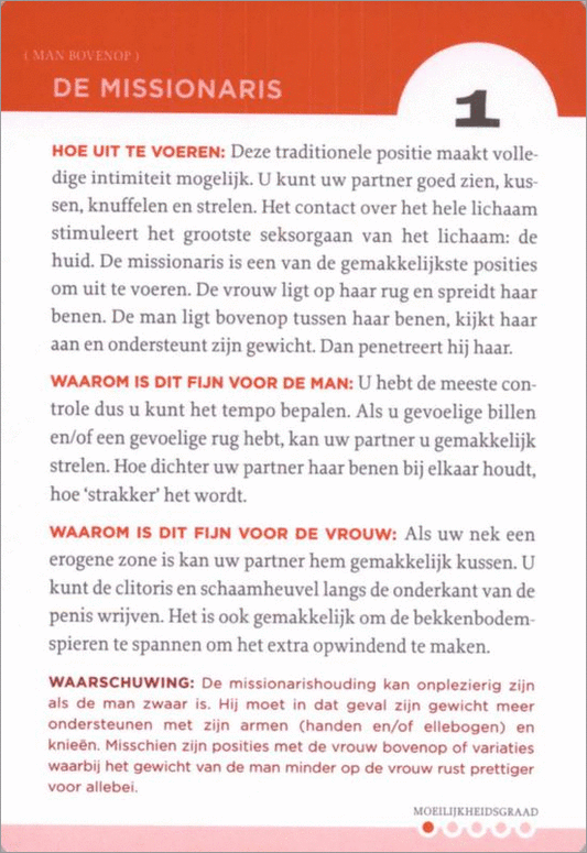 Achterzijde sekskaart De Missionaris met uitleg, tips en moeilijkheidsgraad