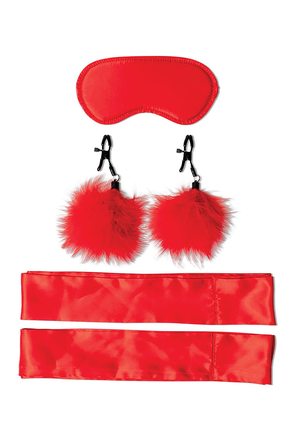 Zijaanzicht van het rode bondage beginners set met handboeien, blinddoek en andere accessories