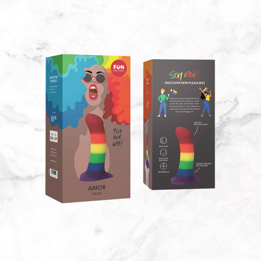 Fun Factory Amor dildo Pride-editie in regenboogkleuren met kleurrijke verpakking
