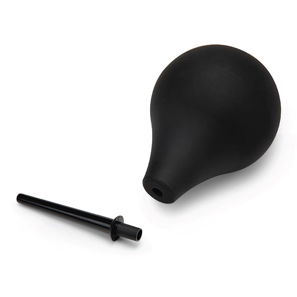 Zwarte Anal Shower uit elkaar: peervormige bal en losse inbrengstift op wit