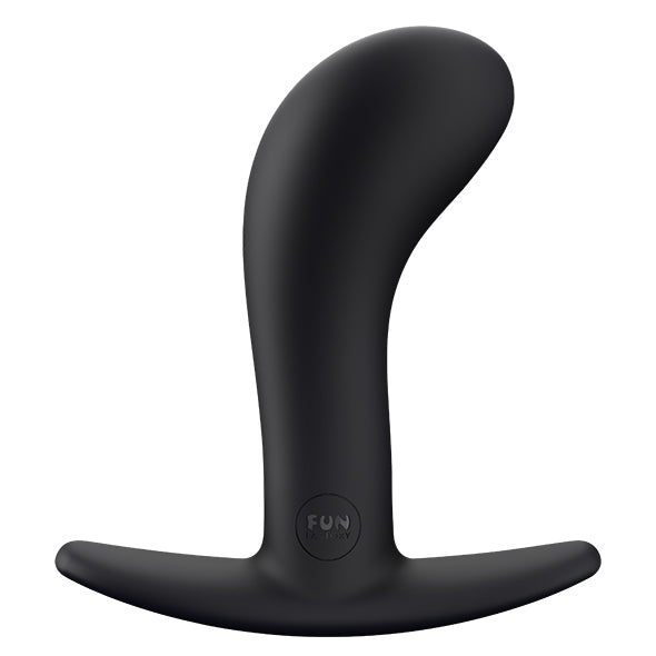 Bootie Large buttplug van Fun Factory in zwart siliconen met gebogen vorm en brede voet