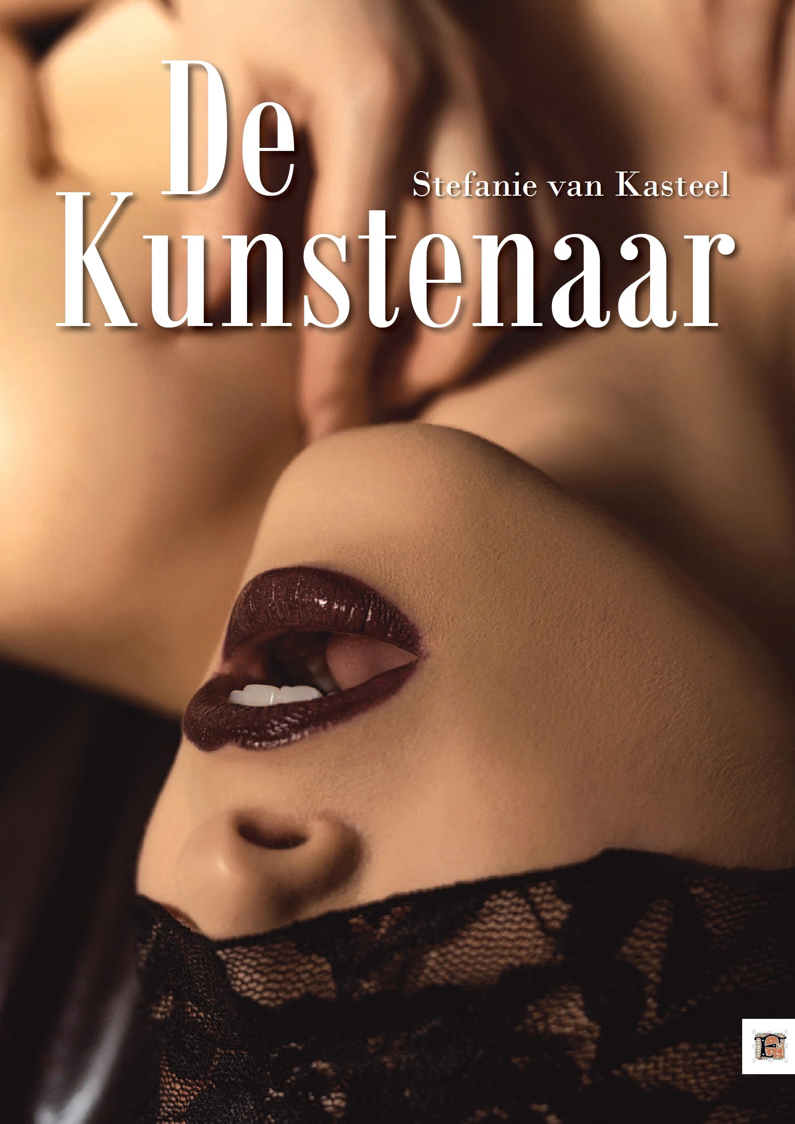Zijkant van boek De Kunstenaar toont ruggengraat met titel en auteursnaam