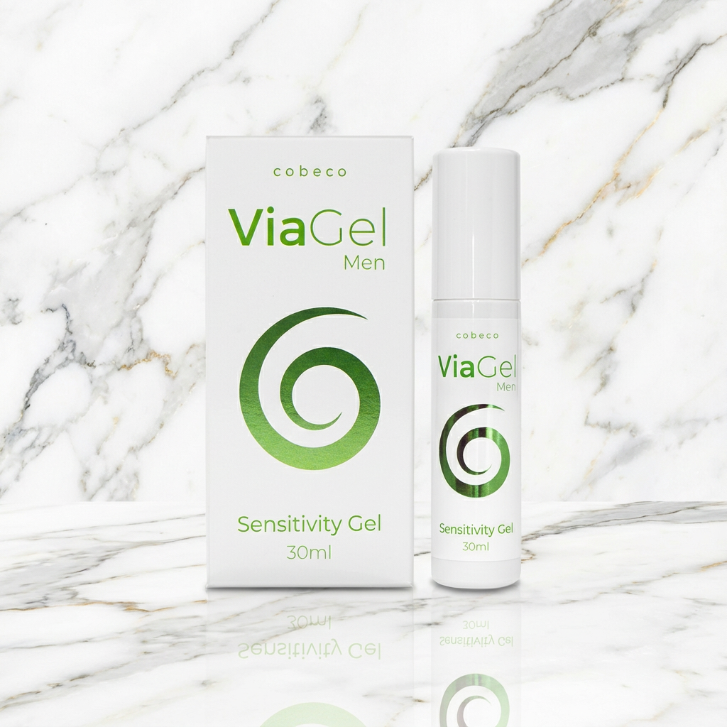 ViaGel for Men 30ml pompfles en witte doos met groen spiraallogo op marmeren ondergrond
