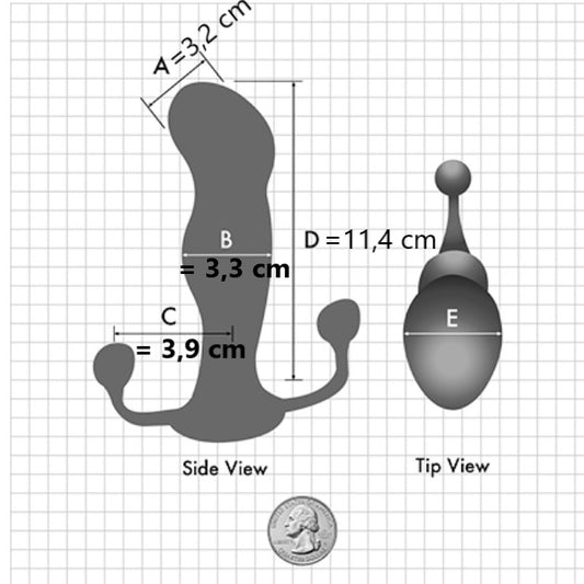 Afmetingen Progasm Ice: 3,2 cm kop, 11,4 cm lengte, het grootste Aneros-model