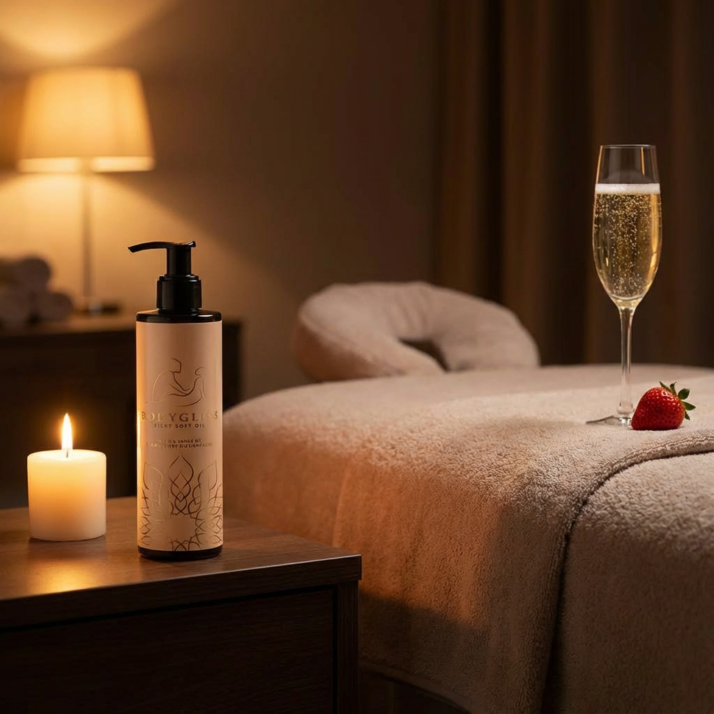 Zijaanzicht Bodygliss Massage Olie Delight 150ml fles met productinformatie en merklogo zichtbaar