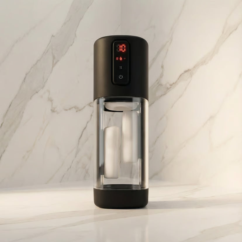 Cruizr CX11 masturbator vooraanzicht met verwarmingsfunctie en vibratiesettings