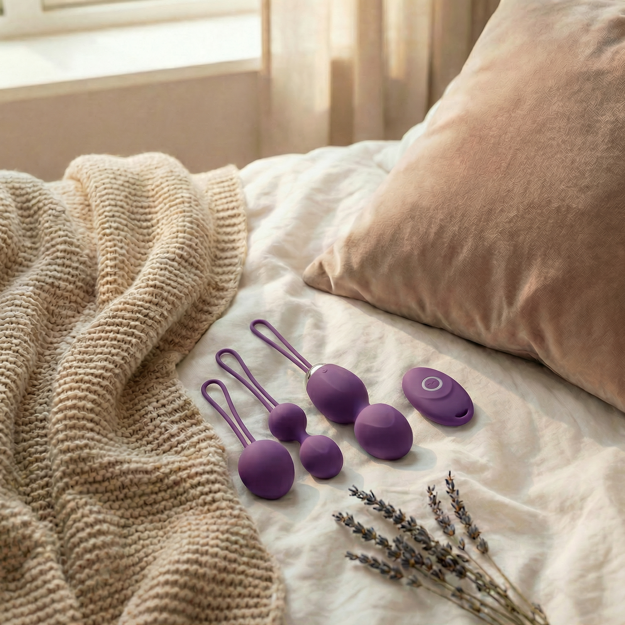 Zijaanzicht Happy Woman Kegelset met ergonomische vorm en retrievalkoord voor veilig en comfortabel gebruik