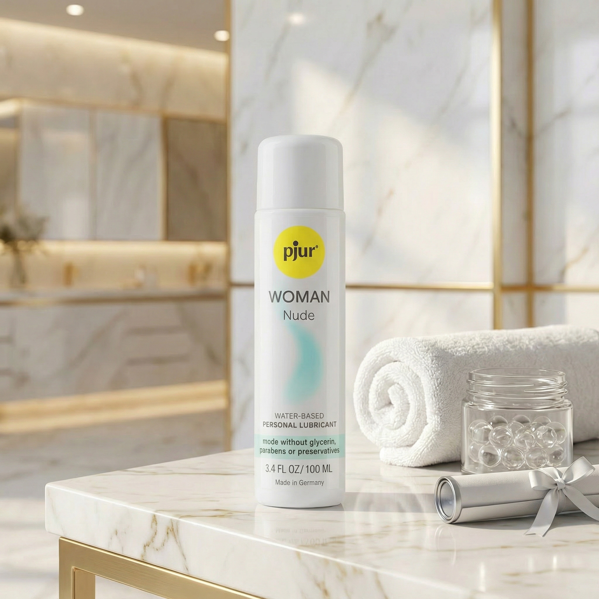 Pjur Woman Nude intiem glijmiddel zijaanzicht met productdetails zichtbaar