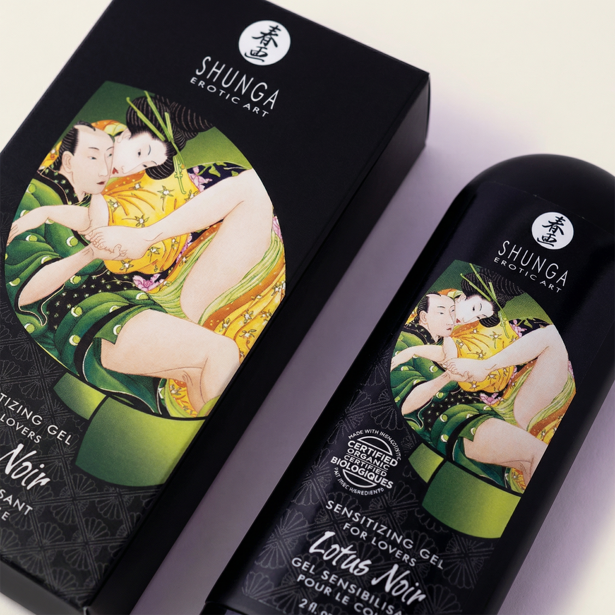 Zijaanzicht van Shunga Lotus Noir gel met productinformatie en luxe design details zichtbaar