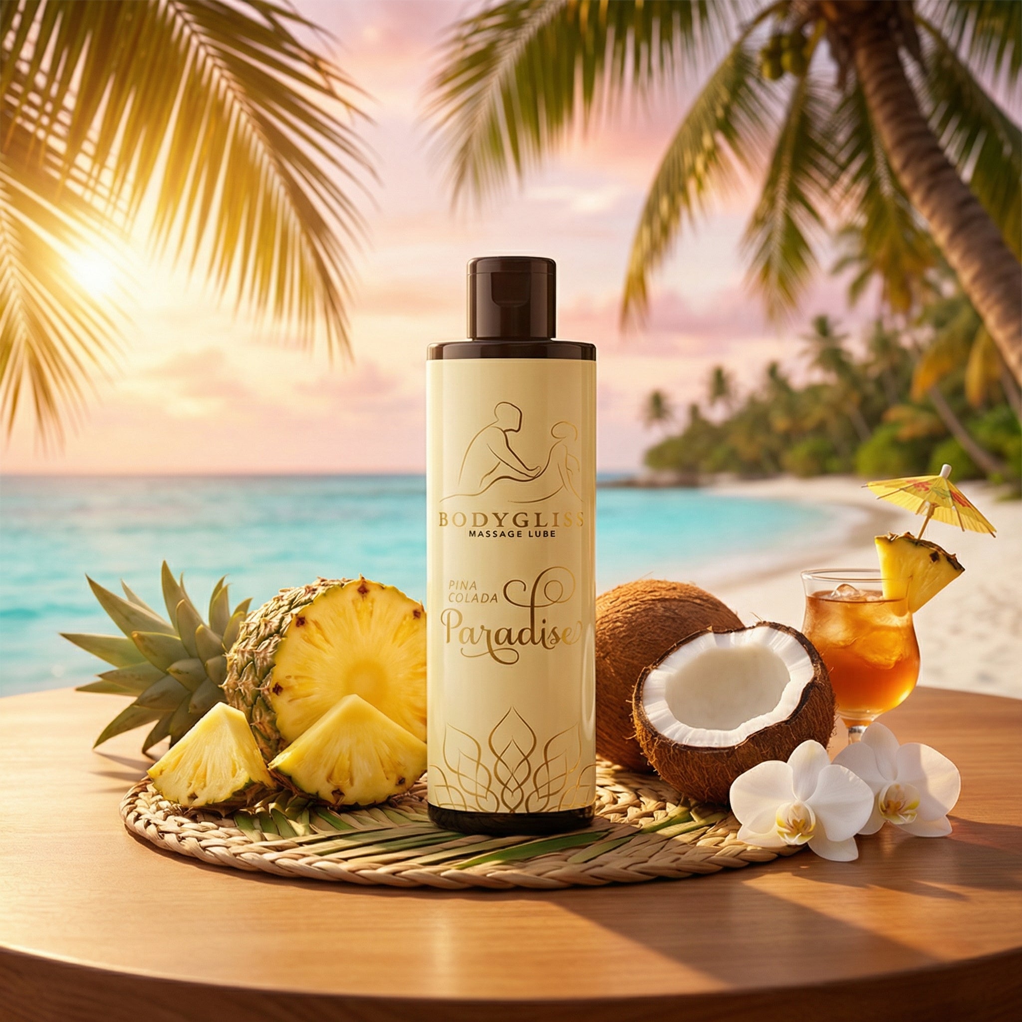 Bodygliss Pina Colada massage olie zijaanzicht met productlabel en ingrediënten zichtbaar