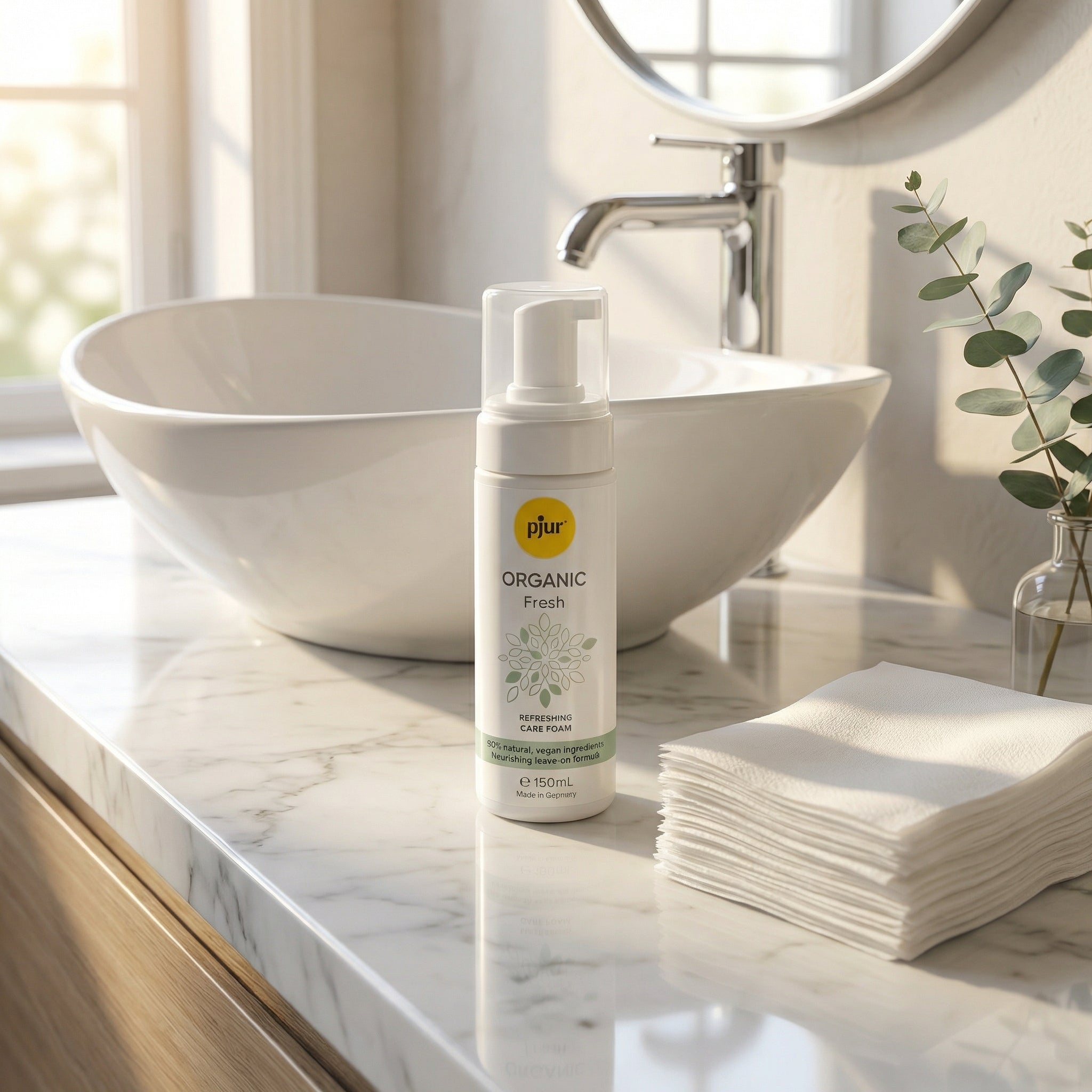 pjur Organic Fresh schuimreiniger op marmeren badkamerblad naast waskom, handdoeken en eucalyptustak