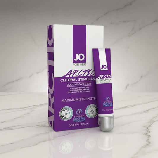 System JO Arctic clitorale stimulerende gel 10ml, paarse tube en verpakking, koelend tintelend