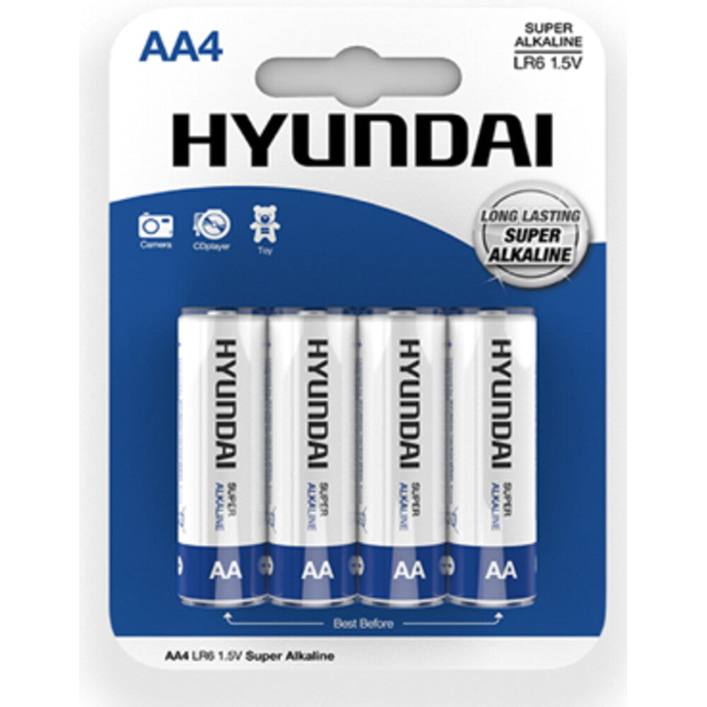 Hyundai AA4 super alkaline batterijen 4 stuks, LR6 1.5V op blauw-witte blisterkaart.