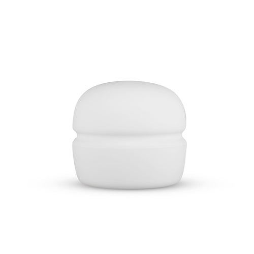 Witte siliconen masturbator met gladde buitenkant, gesloten bovenaanzicht, compact rond design