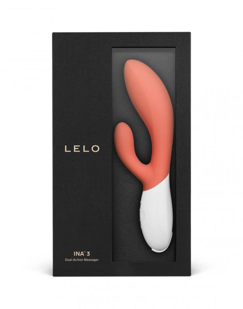 Ina 3 Lelo rabbit vibrator koraalroze met wit handvat in zwarte geschenkdoos