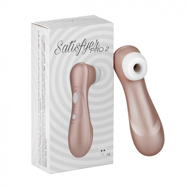Satisfyer Pro 2 luchtdruk stimulator in zijaanzicht, toont ergonomisch ontwerp en bedieningsknoppen