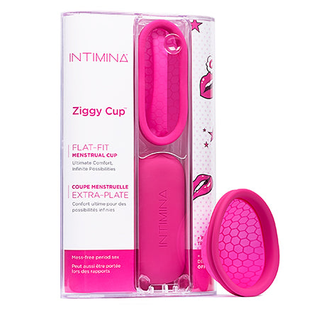 Intimina Ziggy Cup in transparante retailverpakking met roze opbergetui