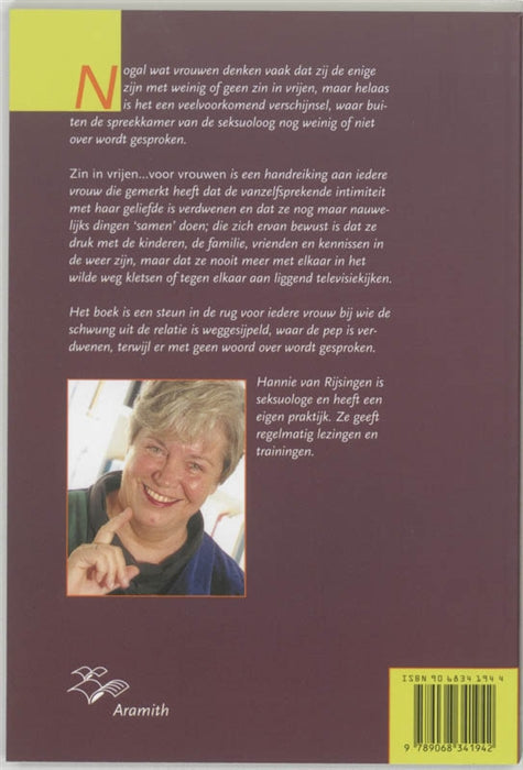 Achterkant boek Zin in Vrijen voor Vrouwen van Hannie van Rijsingen, paars-bruine paperback